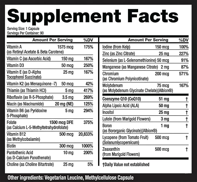 Eliixr Methylated Multivitamin 3 Month Supply 90 Capsules1500 mcg of Active Folate Methylated B12 Vitamin A C K2 D3 E Choline Biotin ALA CoQ10 B-Complex and More. Made in The USA