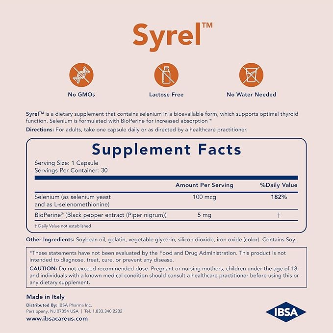 Syrel - Thyroid Support Supplement – 100mcg Selenium and 5mg BioPerine - 30 Soft- Gel Caps for Increased Bioavailability and Absorption - Gluten-Free Lactose-Free Sugar-Free Non-GMO
