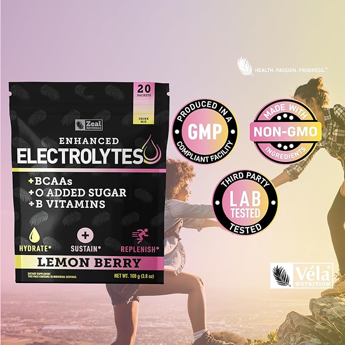 Enhanced Electrolyte Powder Stick Packs (Lemon Berry | 20 Packets) w/ 0 Sugar +BCAAs +B-Vitamins Electrolyte Supplement w Potassium Zinc &amp Magnesium for Hydration - Keto Electrolytes