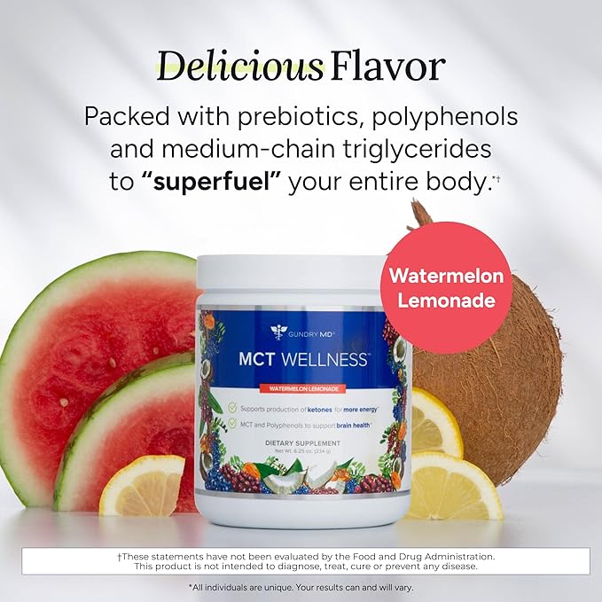 Gundry MD MCT Wellness Powder to Support Energy Ketone Production and Brain Health Keto Friendly Sugar Free (30 Day Supply Watermelon Lemonade)