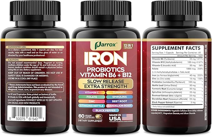 Iron Supplement Slow Release Iron Probiotics Spirulina Turmeric Vitamin B6 Methylated B12 Vitamin C Zinc Beetroot Nettle Leaf Dandelion Root Black Pepper Extra Strength 60 Capsules 2Pack