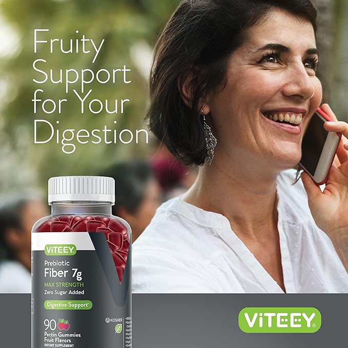 Viteey Prebiotic Fiber Gummies for Adults 7g - Gut Health &amp Digestive Soluble Fiber Supplement Gummies - Zero Sugar Added Vegan Gluten-Free - 90 Count