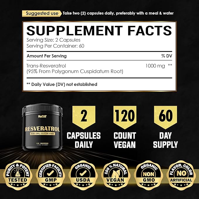 Trans Resveratrol 1000mg Supplement - Impressive Benefits for Immune System Energy Production &amp Heart Health Support - 120 Vegan Capsules for 2 Months