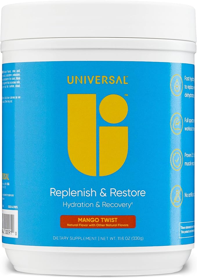 Universal U Replenish &amp Restore Powder Hydration &amp Recovery Promotes Muscle Repair and Growth Custom Dosing L-Lysine L-Glutamine L-Tryptophan No Artificial Flavors 30 Servings (Mango T