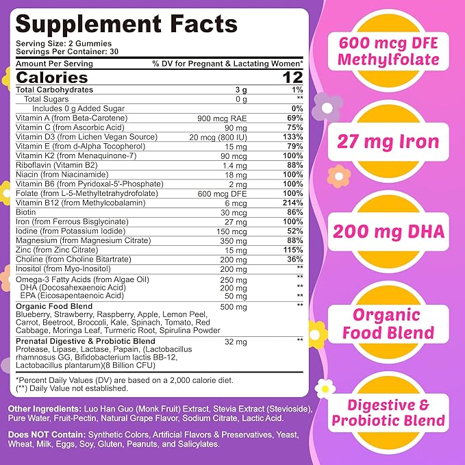 Prenatal Vitamins for Women with Methylfolate Vegan Omega-3 DHA Organic Food Blend Probiotics Iron Vitamin D3 B6 B12 Choline Sugar Free Multivitamin for Women During &amp Post Pregnancy 60 Ct