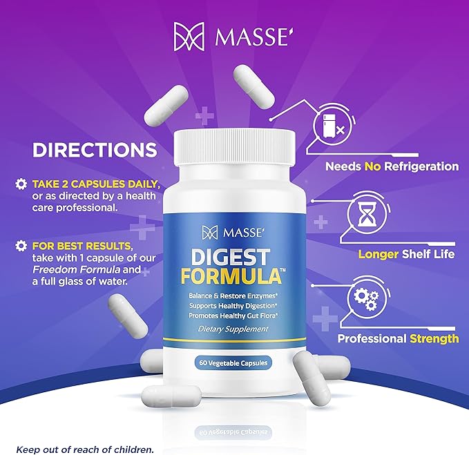 MASSE' Digest Formula Supplement Enzyme Boost Capsules - Advanced Formula for Digestive Health &amp Gut Flora Support - Natural Organic Enzyme Supplement for Digestive Care and Overgrowth- 60 Count