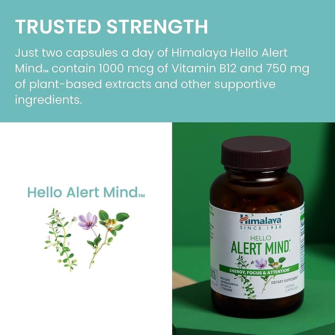 Himalaya Hello Alert Mind with L-Theanine Ashwagandha Bacopa Vitamin B6 &amp B12 for Energy Focus &amp Attention Vegan Gluten Free 60 Capsules