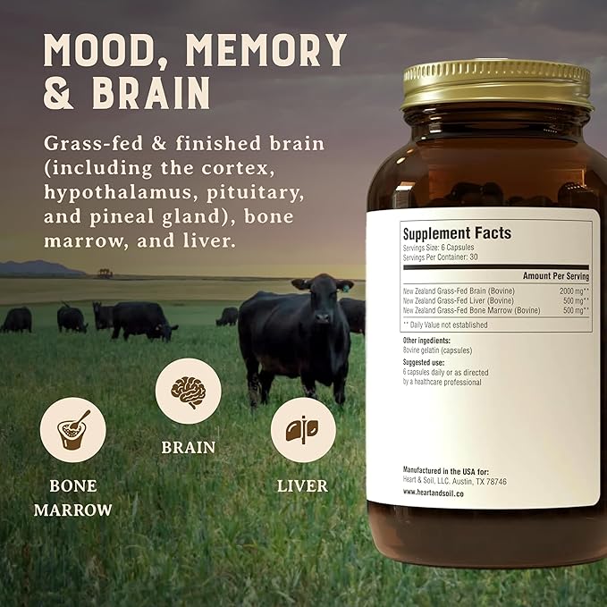 HEART &amp SOIL – 100% Grass Fed &amp Finished Beef Brain Supplement from Regenerative Cattle – for Cognitive Function &amp Memory – 3000mg Focus Supplement with Beef Organs – Glass Bottle – 180 Ca