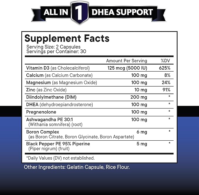 NEW AGE DHEA Supplement - Pregnenolone for Men &amp Women with DIM Ashwagandha Boron Calcium Magnesium Zinc Vitamin D3 5000iu - Support Capsules - 120 Count