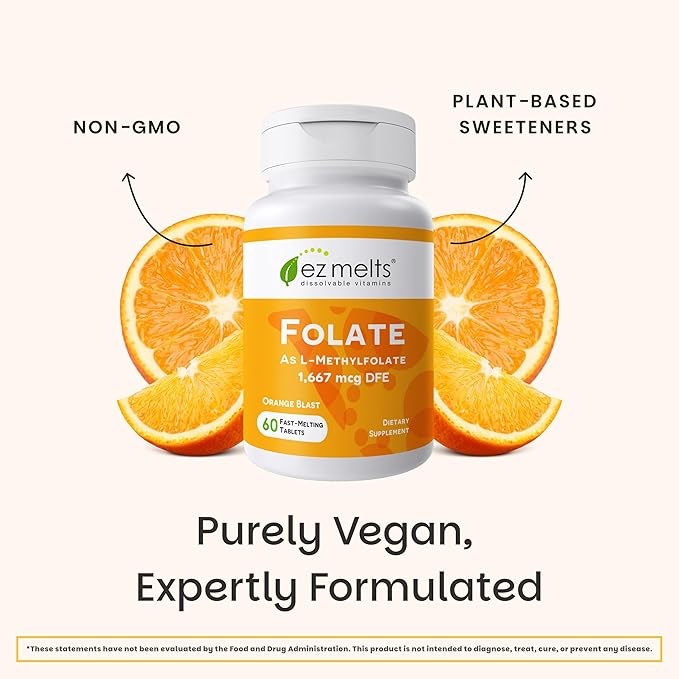 EZ Melts Dissolvable Folate 1667 mcg DFE - Methylated Folate Supplement - Heart Health &amp Healthy Fetal Development - Non-GMO Vegan &amp Dairy-Free - Orange Blast -60 Dissolvable Tablets (60 Ser