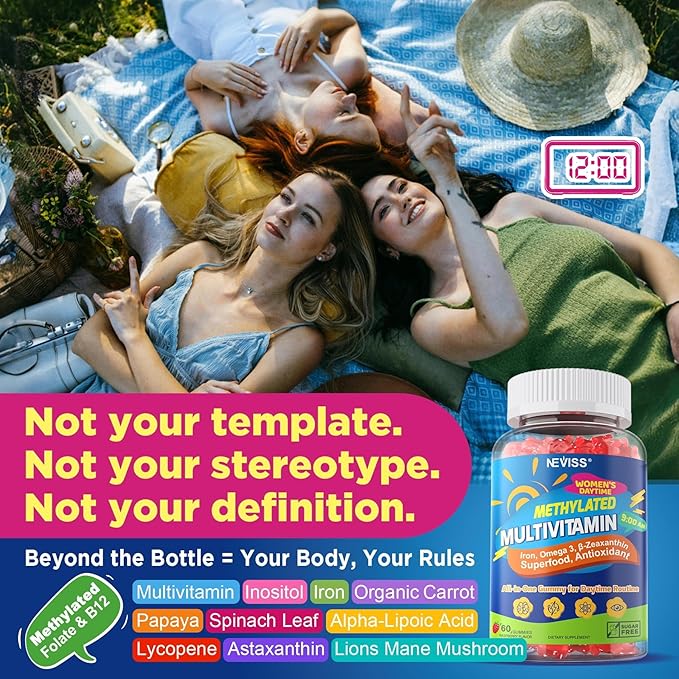NEVISS Methylated Multivitamin Gummies with Iron for Women Omega-3 B6 Folate B12 Inositol for Daytime Routine Daily Vitamin Gummy ALA | Beet Root | Astaxanthin Energy Brain Antioxidant Vegan