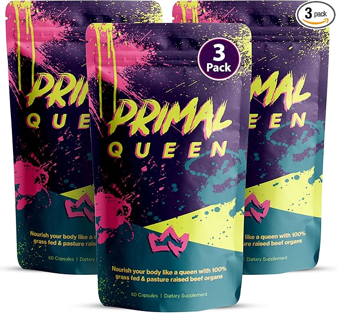 Primal Queen Female-Optimized Beef Organ Superfood Supplement (Beef Liver Kidney Heart &amp 3 More) - 100% Grass Fed Pasture Raised Cattle - Balance Hormones Energy &amp More for Women (Pack o