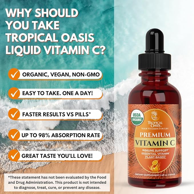 Tropical Oasis USDA Organic Liquid Vitamin C Drops for Adults &amp Kids | Supports Healthy Immune System | 98% Absorption Rate | Vegan | Non-GMO | Gluten Free | 60 Servings