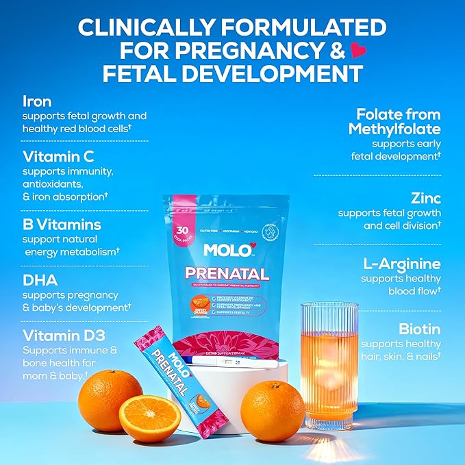 MOLO Prenatal Multi-Vitamin Drink Mix for Women – Packed with essential vitamins &amp antioxidants DHA Omega-3 Methylfolate – 30 Stick Packs with Sweet Orange Flavor – Vegetarian Gluten-Free &amp