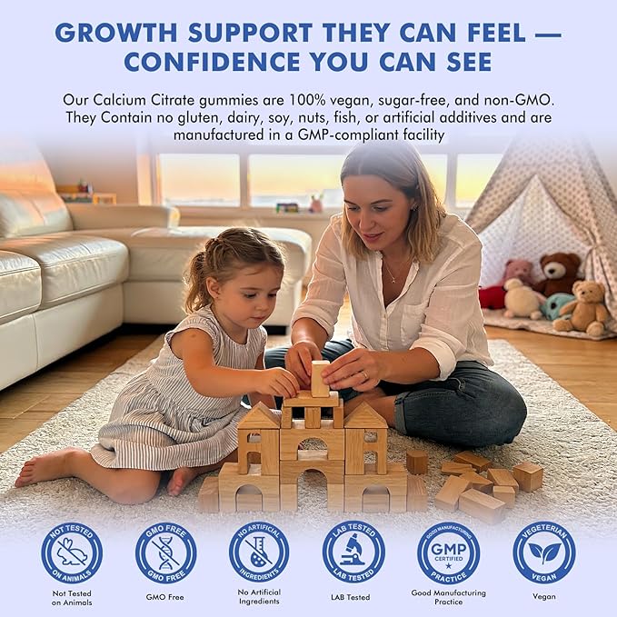 Kids Calcium Citrate Gummies with Vitamin D3 Supplement Calcium Citrate 300/600 mg with Magnesium Zinc &amp Multivitamin for Kids 4+ Support Bone Muscle &amp Digestive Health Sugar Free Strawberr
