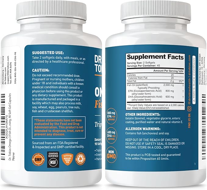 Dr. Tobias Omega 3 Fish Oil 2000mg Triple Strength with 800mg EPA 600mg DHA Per Serving | Fish Oil Omega 3 Supplements for Heart Brain &amp Immune Support - 90 Softgels (45 Servings)