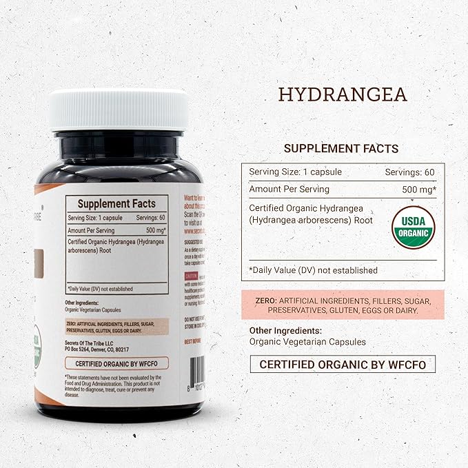 Secrets of the Tribe Hydrangea USDA Organic Capsules | Certified Organic Vegetarian Capsules Herbal Dietary Supplement | Hydrangea arborescens Dried Root (60 Count)