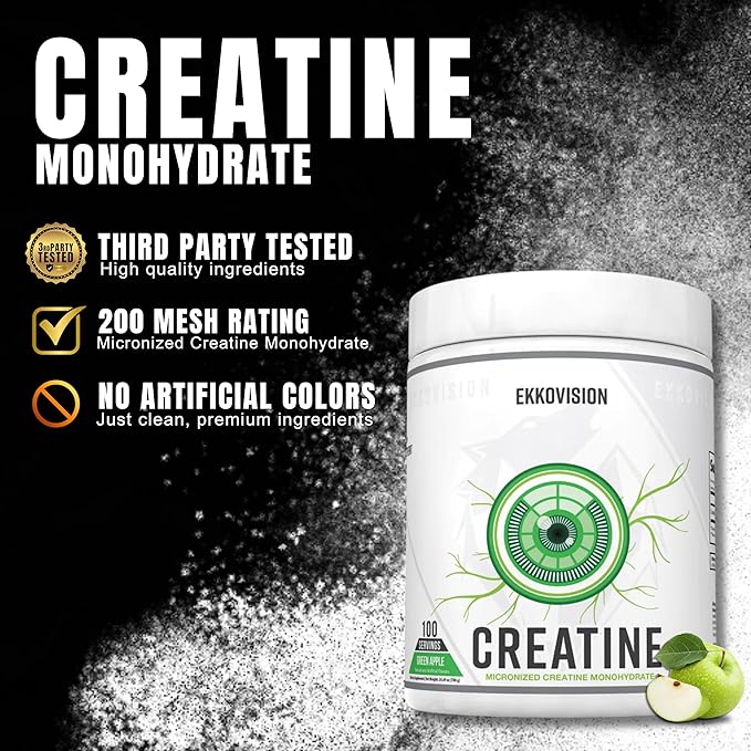 Ekkovision Creatine Monohydrate Powder Micronized Green Apple Pre Workout &amp Post Workout Supplement for Men and Women Energy Support Easy to Mix in Shakes Smoothies &amp Beverages 100 Serv