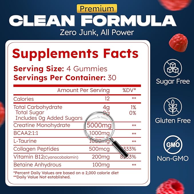 Creatine Monohydrate Gummies 5000mg – 5g per Serving – Sugar Free Vegan Creatine Supplement for Men &amp Women – Muscle Growth Strength Recovery &amp Energy – 120 Count (Strawberry)