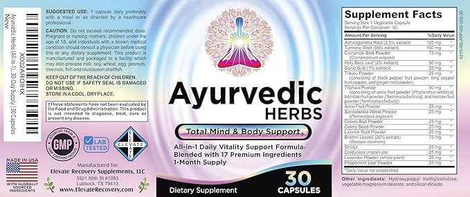 Ayurvedic Herbs 17-in-1 Supplement | Mind &amp Body Balance | Ayurveda Health Support Blend | Ayurvedic Supplements | 1-Month Supply | 30 Capsules