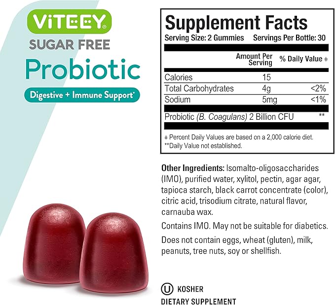 Viteey Probiotic Gummies for Women Men &amp Teens 2 Billion CFUs - Sugar Free - Immune Booster Digestive Support Gut Health - Vegan Gelatin Free GMO Free - Tasty Chewable Raspberry Flavored Gum