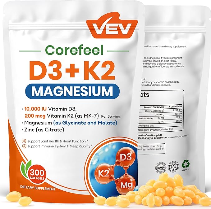 VEV Vitamin D3 K2 10000 IU Magnesium Supplement – with Vitamin D and K (MK-7) Magnesium Glycinate &amp Malate Zinc Citrate – 300 Softgels for Energy Bone &amp Muscle Support