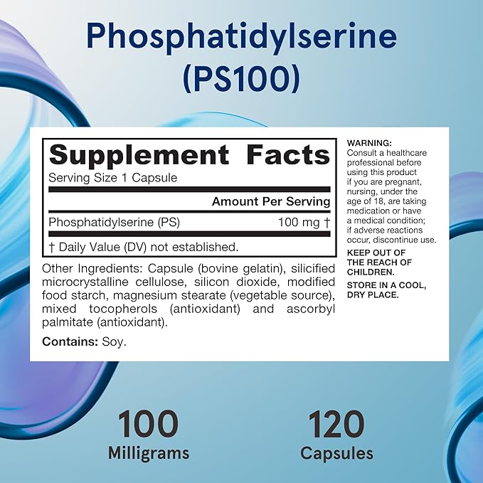 Jarrow Formulas PS100 Phosphatidylserine 100mg Dietary Supplement for Brain Health and Cognitive Function Support 120 Capsules Up to a 120 Day Supply