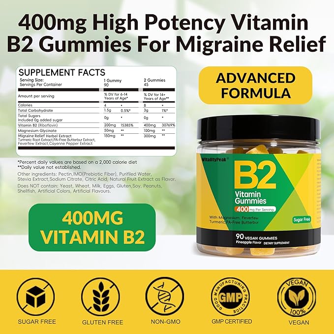 Riboflavin Vitamin B2 Gummies 400mg for Adults &amp Kids | Migraine Supplement with Magnesium Turmeric Cayenne Pepper Butterbur for Energy &amp Nervous Support | Vegan Sugar Free 90 Count