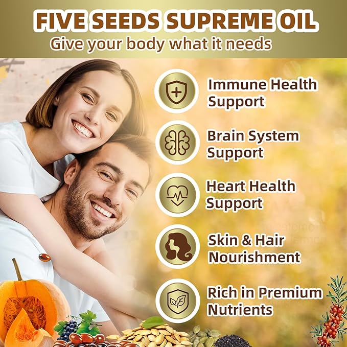 Five Seeds Supreme Oil 300 Softgels | 5 in 1 Pumpkin Seed Oil Pure Sea Buckthorn Grape Flax Black Seeds | Cold Pressed Supports Hair Urinary Bladder &amp Prostate Health
