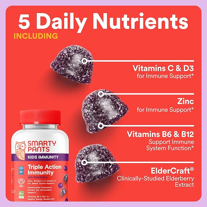 SmartyPants Kids Daily Nutrition &amp Immunity Bundle: Multivitamin + Elderberry Gummies with Prebiotic Fiber Vitamins C D3 B12 A &amp Zinc – Gluten Free Non-GMO 90 &amp 60 Count (Pack of 2)