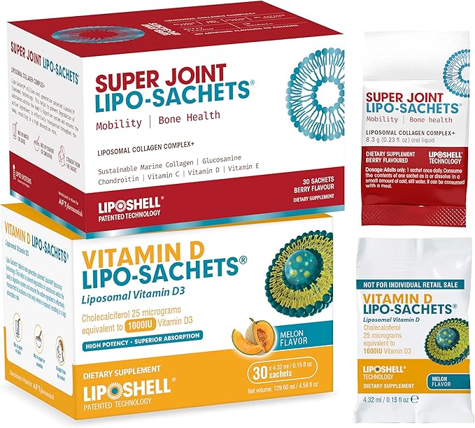 Super Joint Liposomal Collagen Peptides 30 Sachets and Lipo-Sachets Liposomal Vitamin D3 1000 IU 30 Packets – Liquid Collagen &amp Vitamin D Supplement Bundle