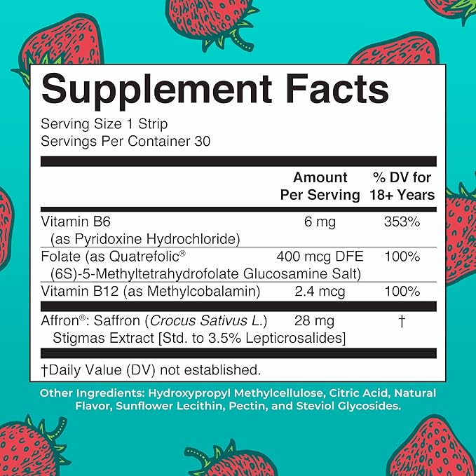 Mood &amp Cognition Dissolving Strips by MaryRuth's | Vitamin B12 | Vitamin B6 | Saffron | Folate | B Vitamins | Sugar Free | Strawberry Flavor | Vegan | Gluten Free | Dairy Free | 30 Count