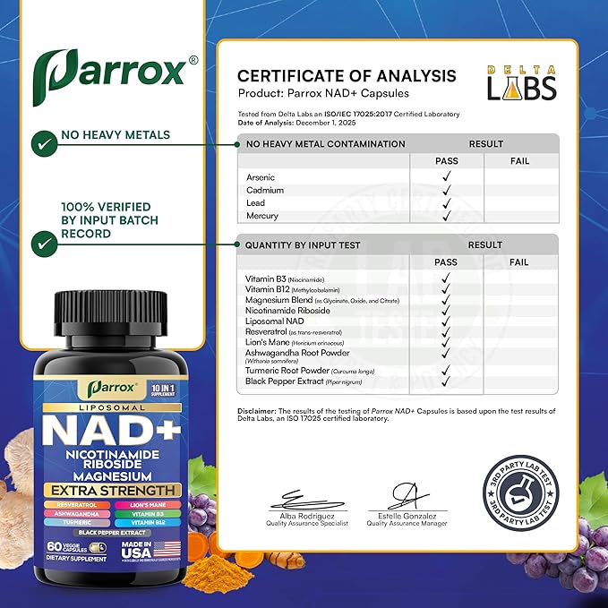 NAD+ Supplement with Liposomal NAD+ Nicotinamide Riboside Magnesium Vitamin B3 &amp B12 Resveratrol Turmeric Ashwagandha Lion’s Mane10-in-1 Extra Strength