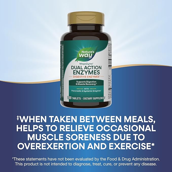 Nature's Way Mega-Zyme Pancreatic &amp Systemic Enzymes* Relieves Occasional Muscle Soreness Due to Overexertion and Exercise* Digestive Support* 200 Tablets (Packaging May Vary)