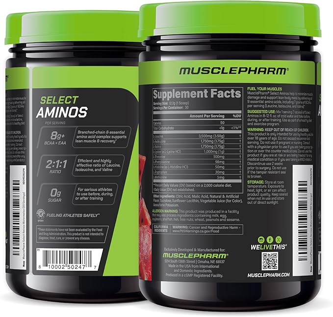 MusclePharm Select Amino's EAA + BCAAs Post Workout Essential Amino Acids Powder Pre Workout Energy Supplement for Men &amp Women with Branched Chain Amino Acids 30 Servings (Watermelon Crush)