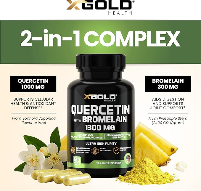 Micronized Quercetin + Bromelain 1300mg Quercetin: 95% - Highly Purified and Highly Bioavailable Plus Bromelain 2400 GDU/g - Made in USA | 120 Capsules