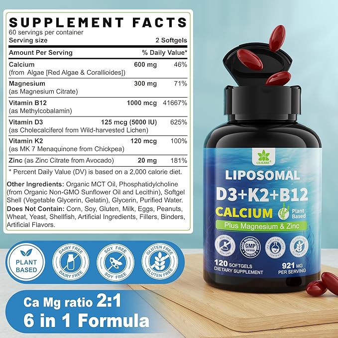 6-in-1 Liposomal Vitamin D3 K2 Calcium Supplement - Plant Based Calcium 600mg with Vegan Vitamin D3 5000 iu + Vitamin K K2 MK7 + B12 Algae Ca-lcium Magnesium Zinc for Bone Softgels 2 Pack