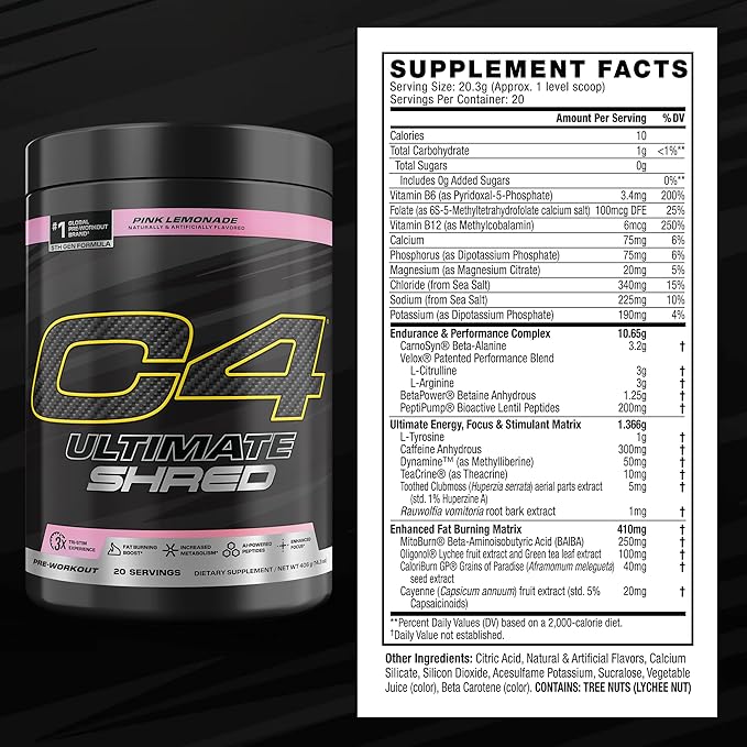 Cellucor C4 Ultimate Shred Pre Workout Powder Metabolism Supplement with Cayenne Extract+300mg Caffeine+TeaCrine+Dynamine - Pink Lemonade 20 Servings