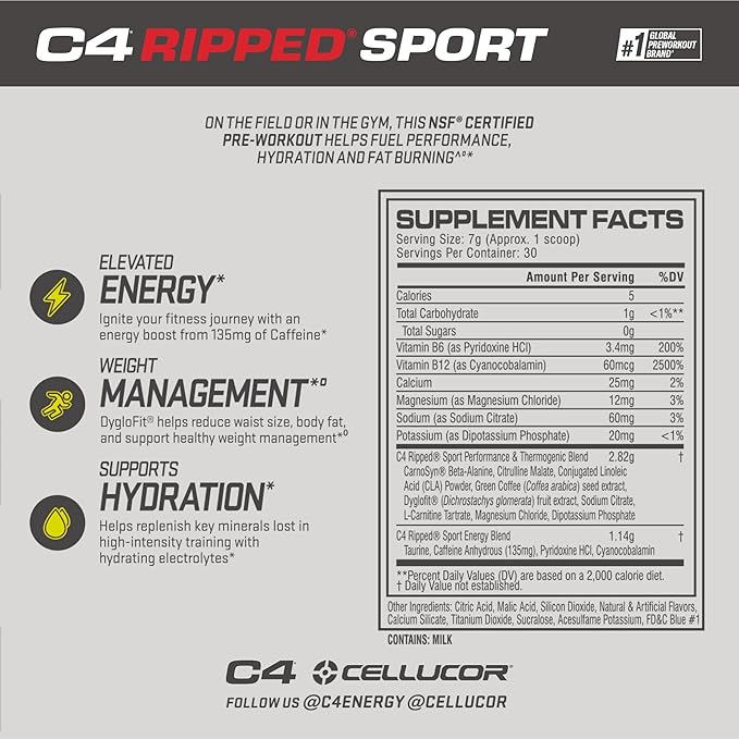 Cellucor C4 Ripped Sport Pre Workout Powder Arctic Snow Cone - NSF Certified for Sport + Sugar Free Preworkout Energy Supplement for Men &amp Women - 135mg Caffeine + Weight Loss - 30 Servings