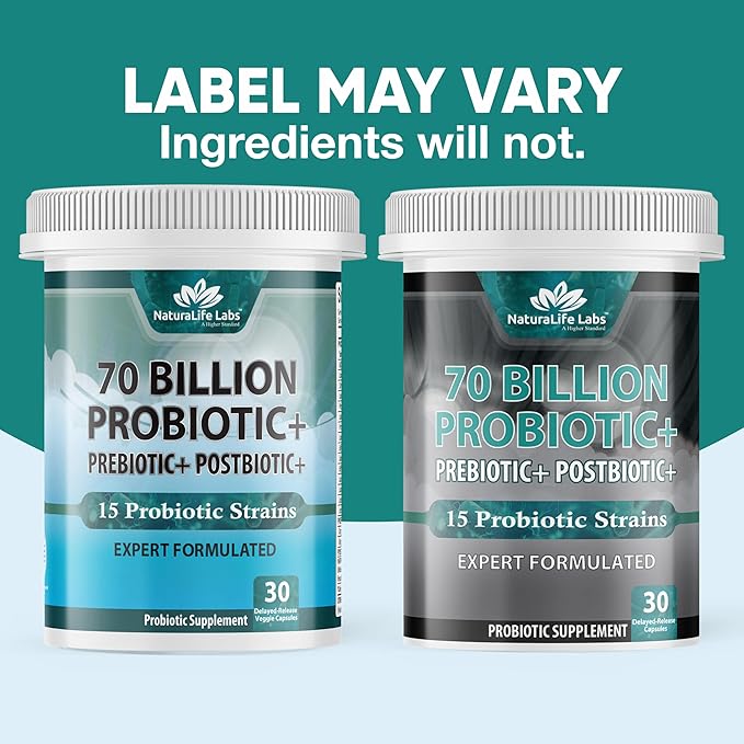 NaturaLife Labs Probiotics 70 Billion CFU – 15 Strains with Organic Prebiotic &amp Postbiotic – 3-in-1 Formula – 30 Vegan Capsules