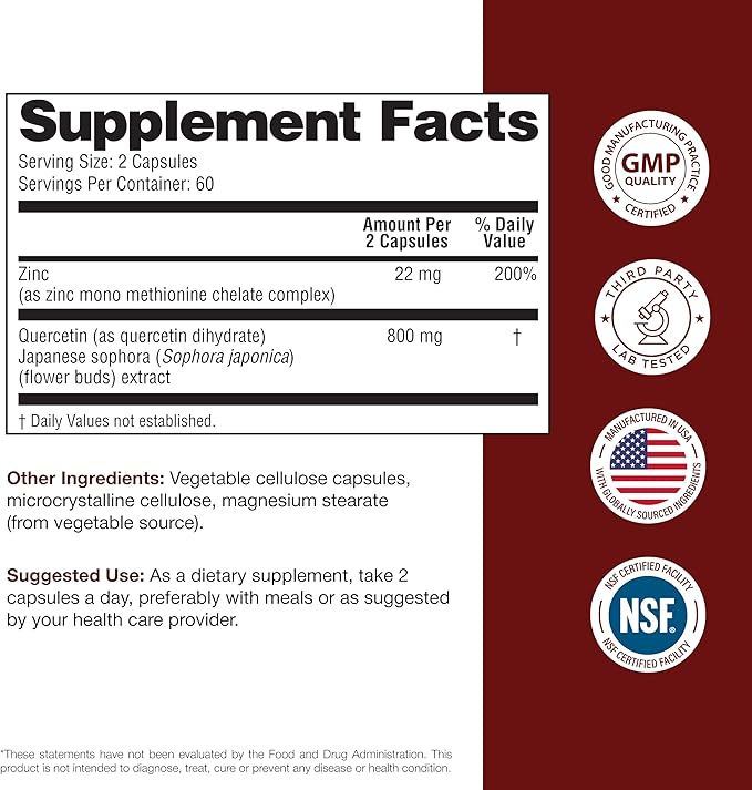Sandhu's Zinc Quercetin 120 Vegetarian Capsules (Pack of 1) | High Absorption Zink Supplements for Immunity and Seasonal Allergy | Antioxidant Immune Support for Men and Women | Easy to Swallow