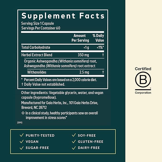 Gaia Herbs Ashwagandha Root - Stress Relief &amp Sleep Support Supplement - Supports Balanced Energy Levels &amp Positive Outlook* - 60 Vegan Liquid Phyto-Caps (30 Servings)