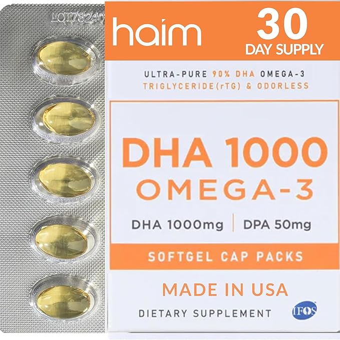 HAIM DHA 1000 Omega-3 Fish Oil - 90% Purity with 1000mg DHA 50mg DPA - High Potency Fish Oil Supplement for Brain Eye &amp Heart Support - Promotes Overall Wellness &amp Focus - 1 Box 60 Softgels