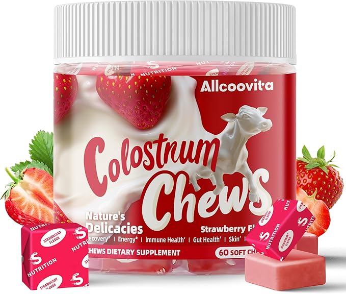 Bovine Colostrum Chews Supplement with probiotics for Gut Health Bloating Immune Support Skin Hair Growth and Beauty - Strawberry Flavor (60 Servings)