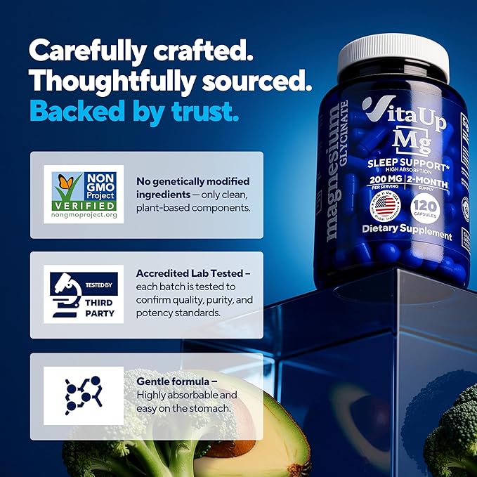 VitaUp Magnesium Glycinate 200mg - USA Made Highly Absorbed Non-GMO Magnesium for Relaxation Deep Sleep Bones &amp Heart - 200mg per Serving 120 Vegan Capsules