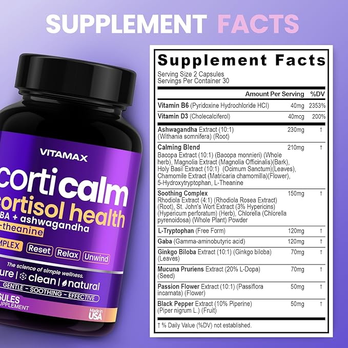Cortisol Supplements for Women and Men - L-Theanine Ashwagandha GABA - High Cortisol Manager Reducer - Relaxation Mood &amp Stress Support - Ginkgo Biloba Bacopa Monnieri 5-HTP - Made in USA