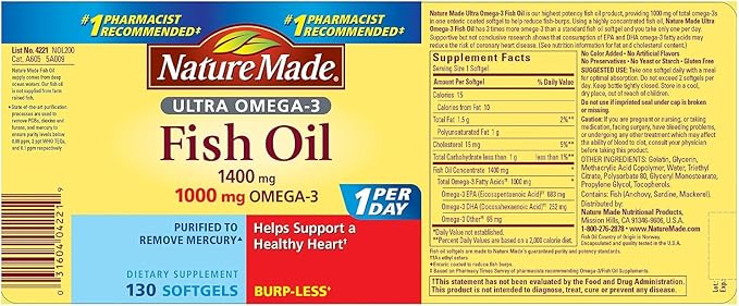 Nature Made Burp-Less Fish Oil 1200mg 360mg Omega-3 Liquid Softgels 200 ea (Pack of 6)