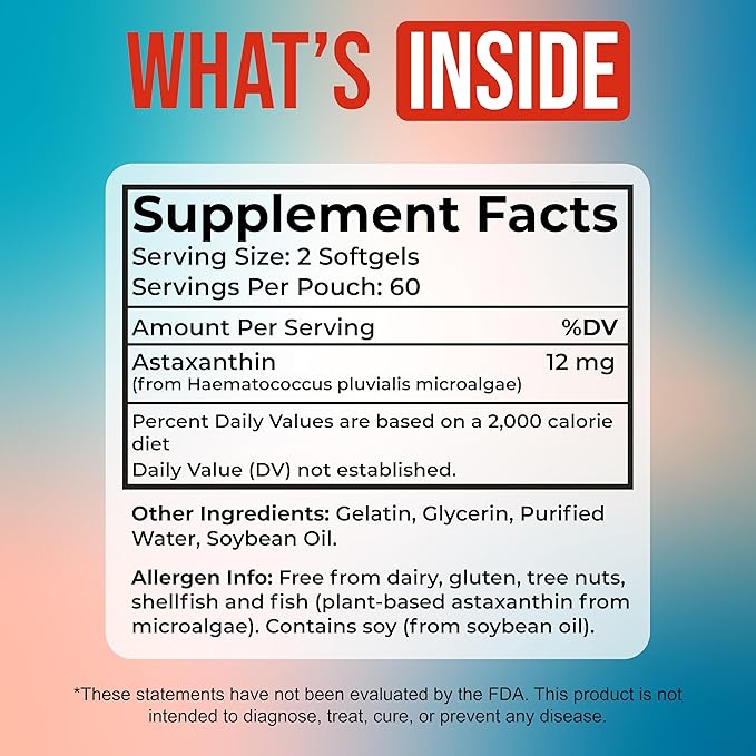 Astaxanthin 12mg - Antioxidant Supplement from Microalgae 120 Softgels for Eye Skin and Wellness Support