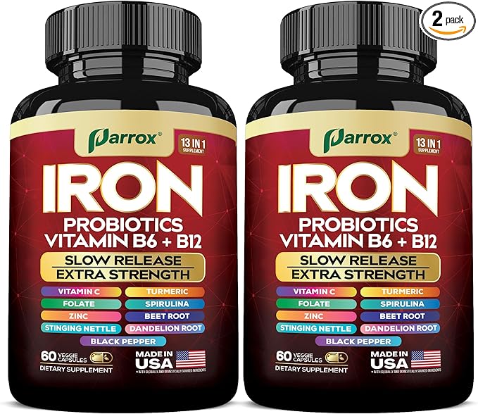 Iron Supplement Slow Release Iron Probiotics Spirulina Turmeric Vitamin B6 Methylated B12 Vitamin C Zinc Beetroot Nettle Leaf Dandelion Root Black Pepper Extra Strength 60 Capsules 2Pack