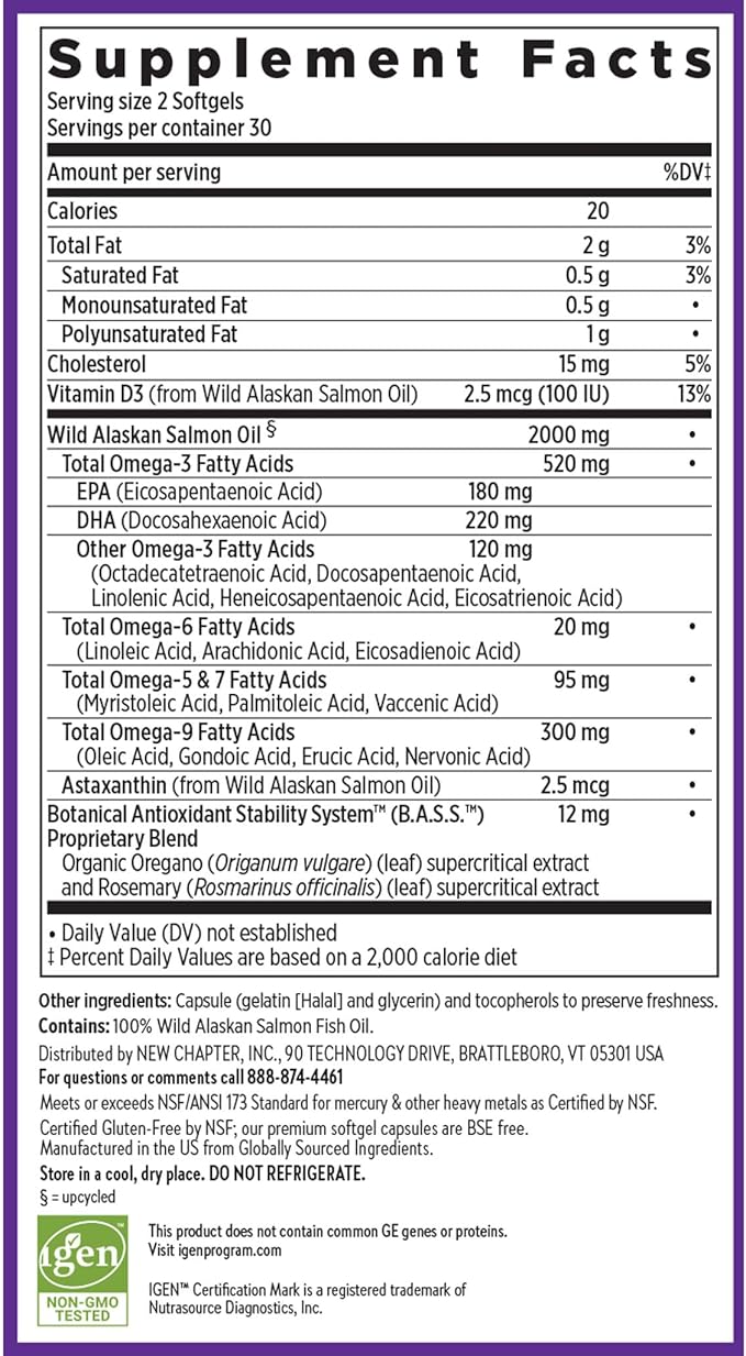 New Chapter Wholemega Fish Oil Supplement - 2000mg per Serving Clinically Proven Wild Alaskan Salmon Oil with Omega-3 + Vitamin D3 + Astaxanthin 60 Softgels